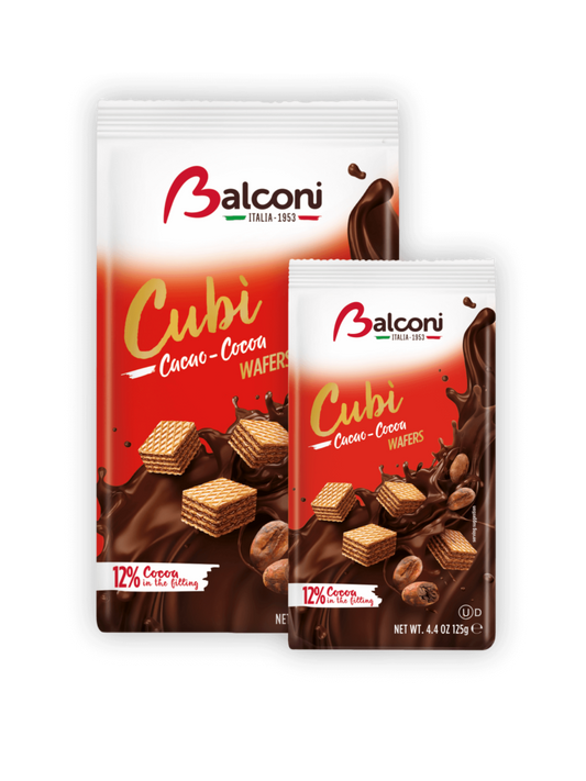 COMING SOON  BALCONI Wafer Cubi Cacao/ 10 pack- 250g: $23.50/ 18 pack- 125g: $17.00