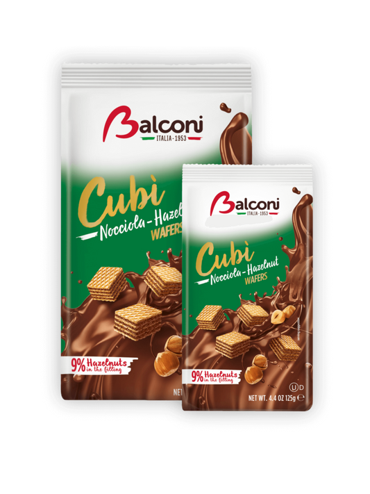 COMING SOON  BALCONI Wafer Cubi Hazelnut/ 10 pack- 250g: $35.75/ 18 pack- 125g: $24.35