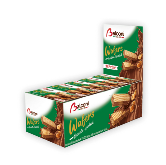 COMING SOON BALCONI  Wafer Display/Hazelnut/ 9 pack- 20gx25g: $29.00/4 pack-30gx45g: $44.00